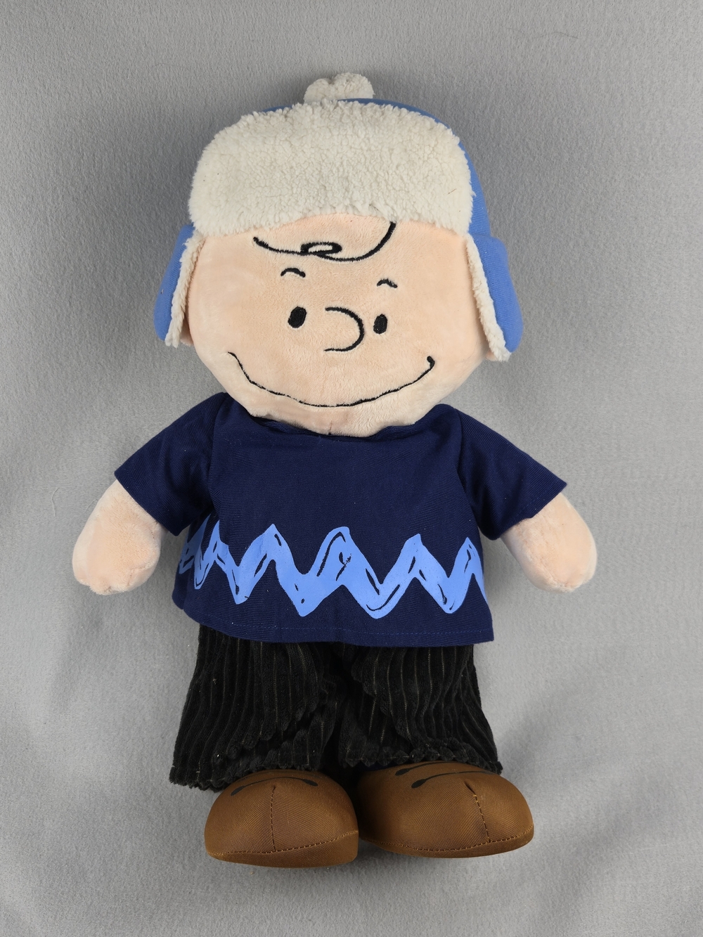 Peanuts Charlie Brown Winter Plush Trapper Hat Navy Zig Zag Shirt 19"